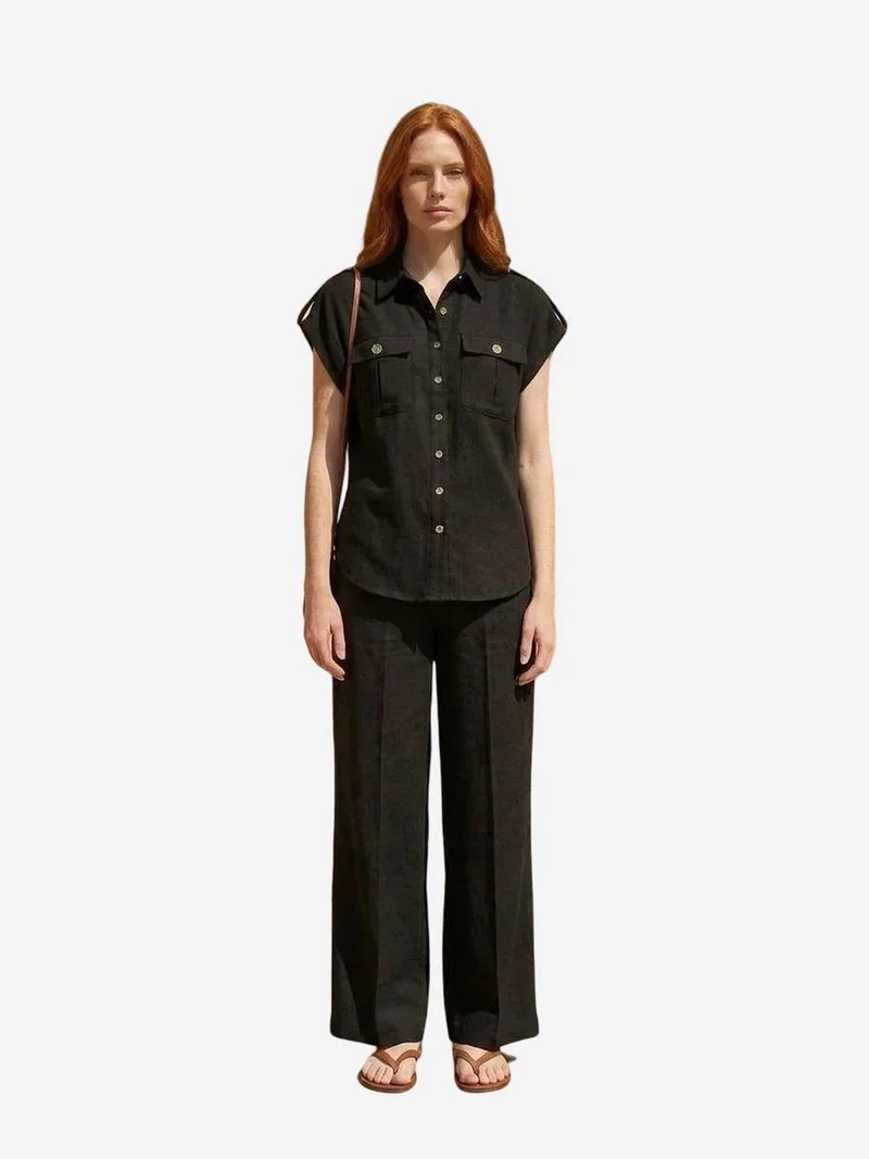 MY FASHION MY FASHION High Waist Wide Leg Two-Piece Set with Shirt Collar