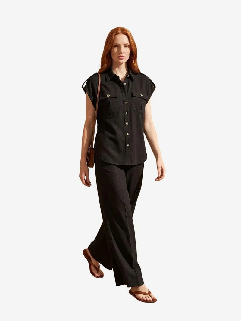 MY FASHION MY FASHION High Waist Wide Leg Two-Piece Set with Shirt Collar