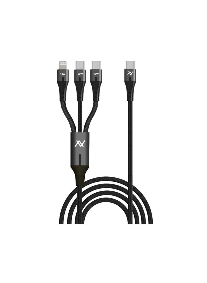 لافينتو كابل شحن سريع MP363 3 في 1 – من USB-C إلى USB-C مزدوج و Lightning، بطول 3 أمتار – أسود - Image 1