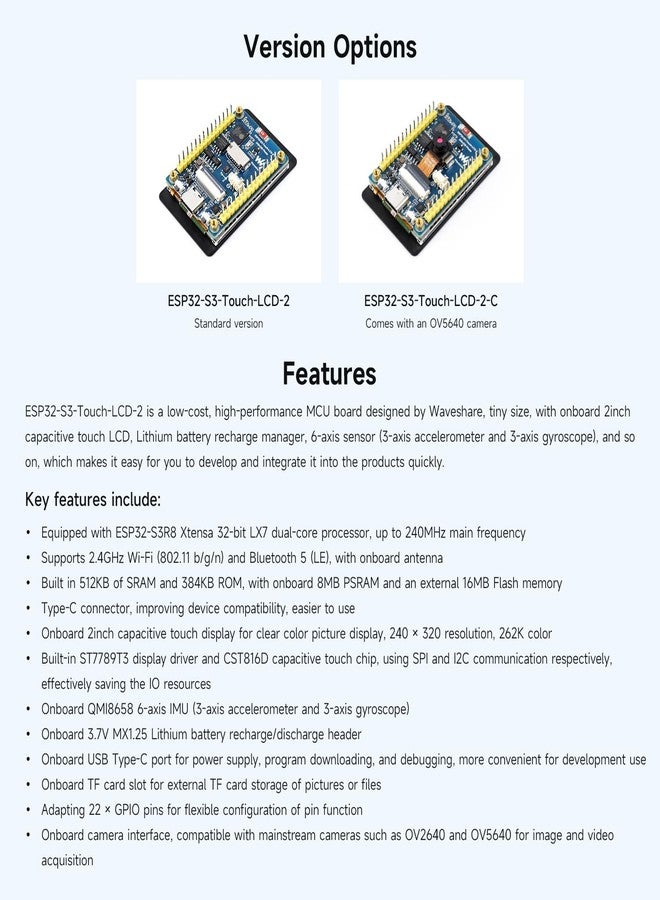 Waveshare ESP32-S3 2inch Capacitive Touch Display Development Board, 240×320 Pixels, IPS Panel, 32-bit LX7 Dual-core Processor, Up to 240MHz Frequency, NOT Include OV560 Camera - Image 4