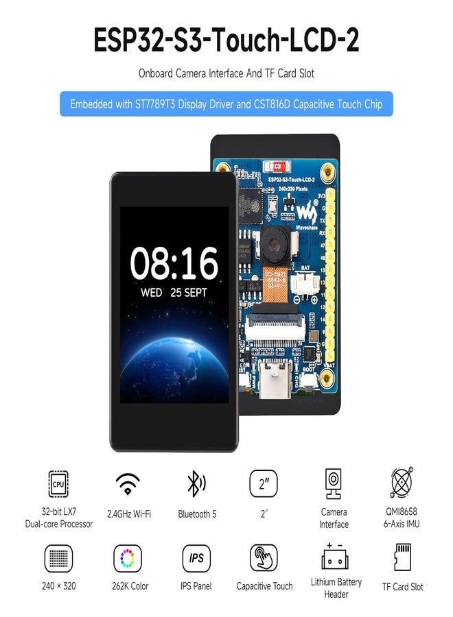 Waveshare ESP32-S3 2inch Capacitive Touch Display Development Board, 240×320 Pixels, IPS Panel, 32-bit LX7 Dual-core Processor, Up to 240MHz Frequency, NOT Include OV560 Camera - Image 3