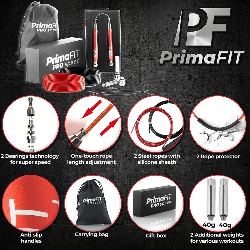 PrimaFit Jump Rope Pro Speed Skipping Rope Adjustable Adult Jumping Rope Weighted Aluminium Handles for Double Dutch Boxing Workout Crossfit Exercise Fitness Spare Cable Weights Protectors Carry Bag - Image 2