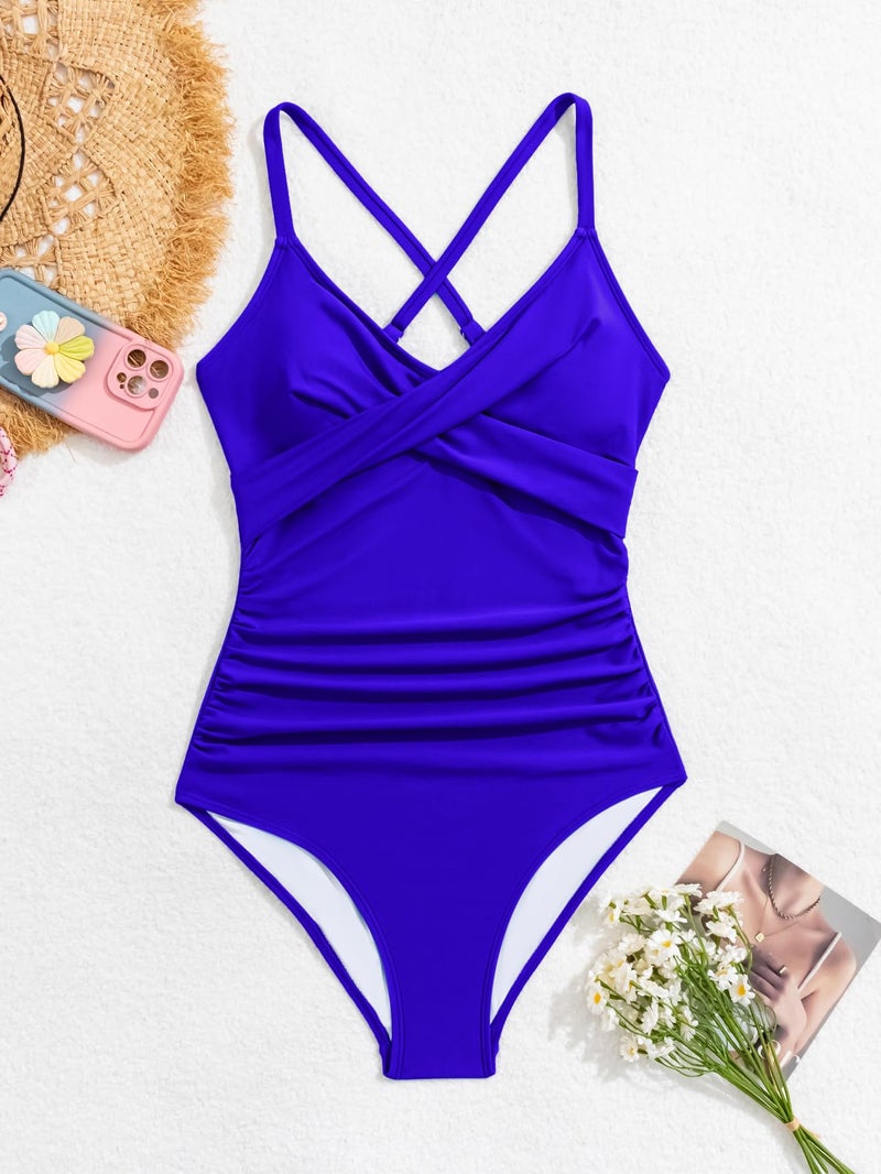 B2prity Women's One Piece Swimsuits Tummy Control Front Cross Bathing Suits Tie Back Slimming V Neck Swimwear(Blue) - Image 5