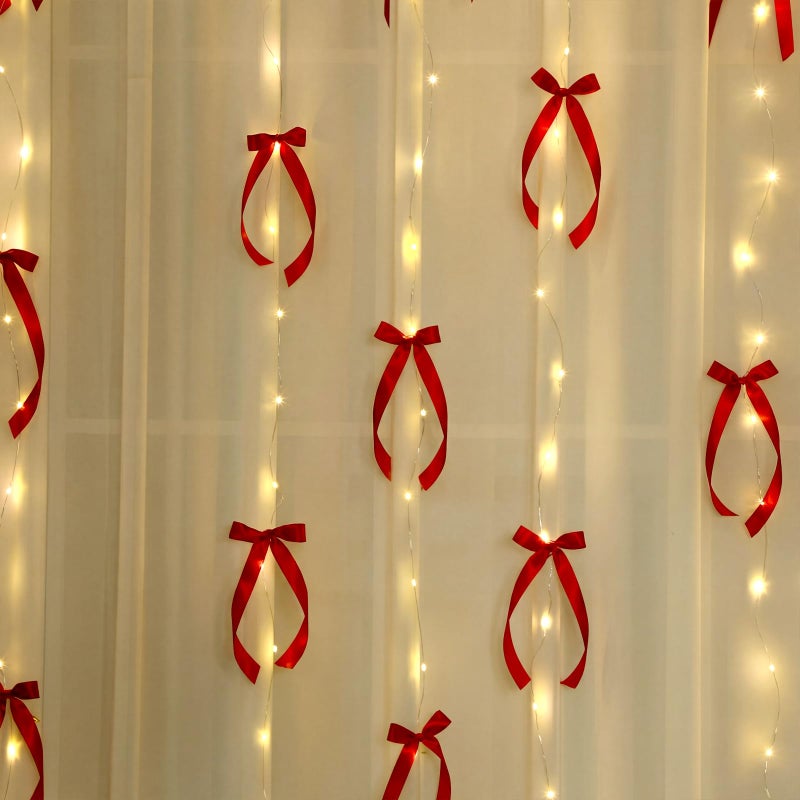 Lewtemi Valentines Bow Garland with Curtain String Lights Valentines Day Decorations String Lights Red Bow Garland Romantic Window Decor for Birthday Wedding Party Decoration - Image 3