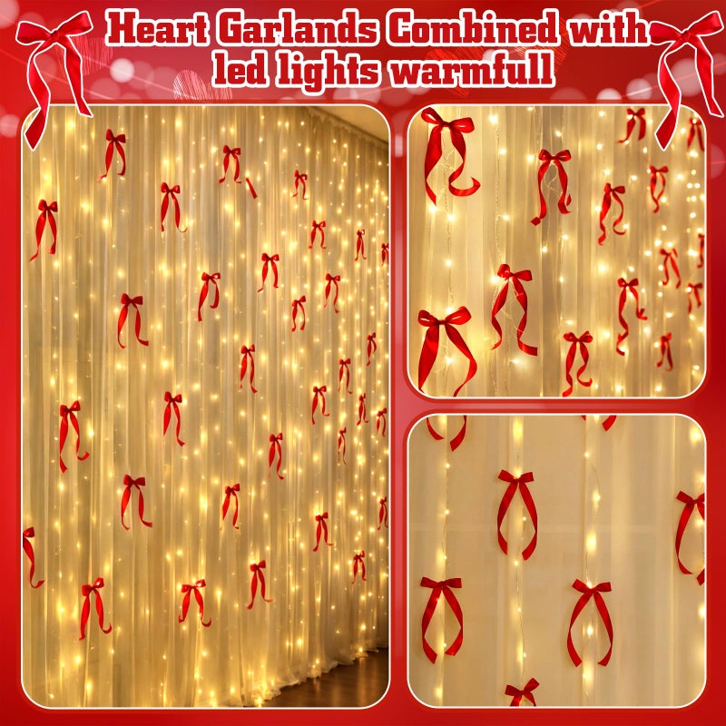 Lewtemi Valentines Bow Garland with Curtain String Lights Valentines Day Decorations String Lights Red Bow Garland Romantic Window Decor for Birthday Wedding Party Decoration - Image 5