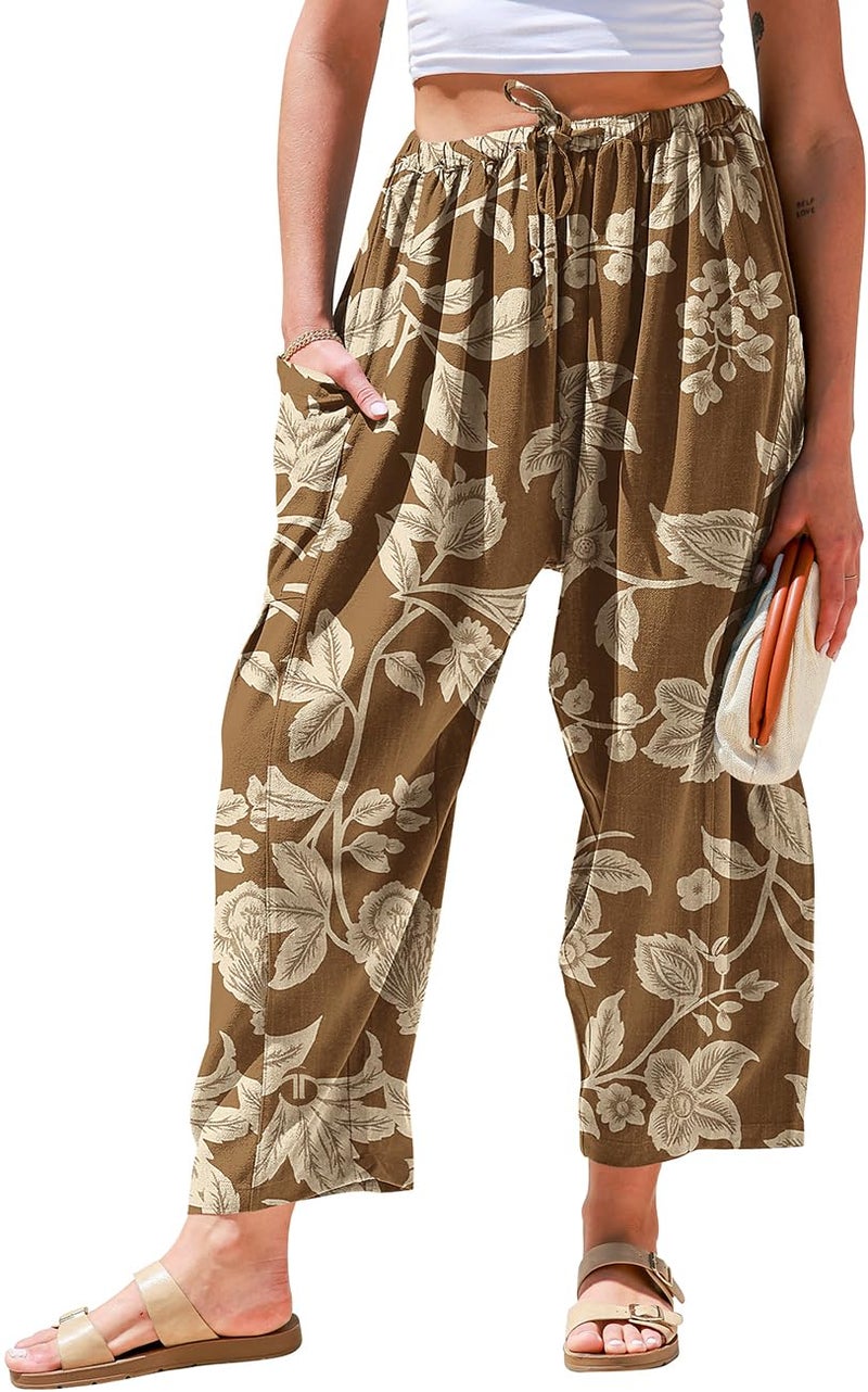 TARSE Womens Linen Wide Leg Pants Casual Loose Drawstring Low Waist Beach Palazzo Harem Pants with Pockets FlowerLeaveBrown L - Image 1