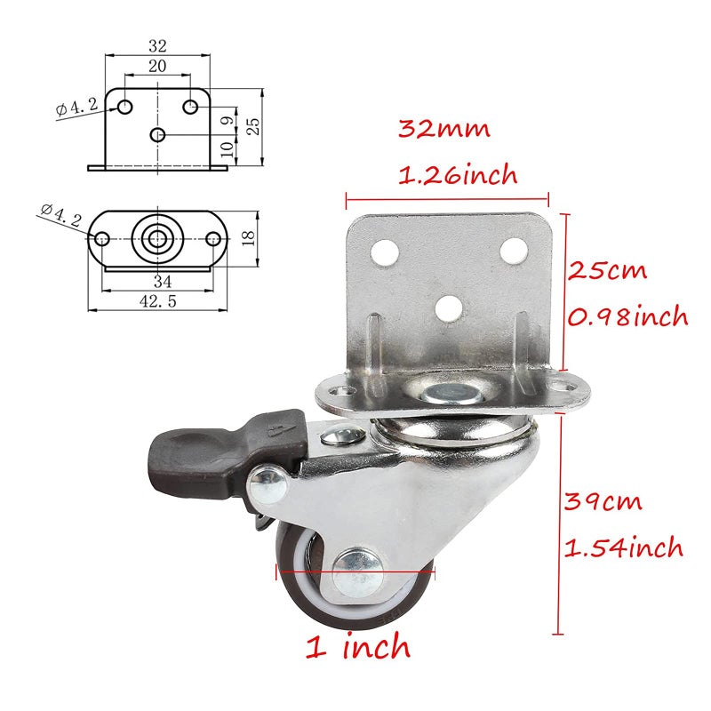 HOWDIA 1" Swivel Plate Caster Wheels with Brake L-Bracket Side Mount TPR Rubber Small Furniture Replacement Silent Mute Locking Casters for Furniture Legs Set of 4 - Image 2