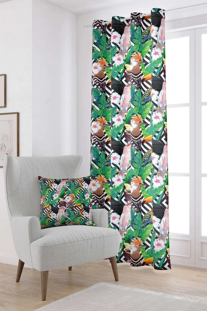 كانغو هوم White Multicolor Tropical Bird Patterned Digital Printed Curtain YST08-PR