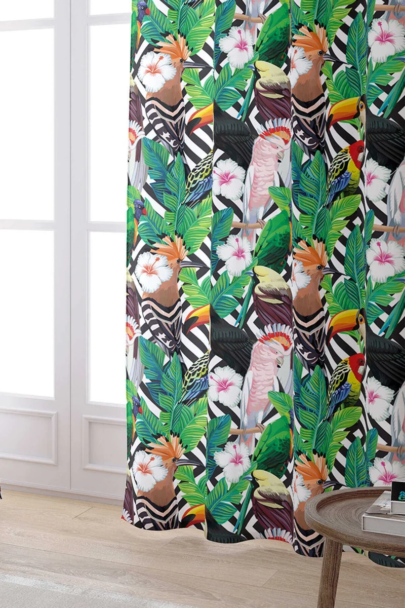 كانغو هوم White Multicolor Tropical Bird Patterned Digital Printed Curtain YST08-PR
