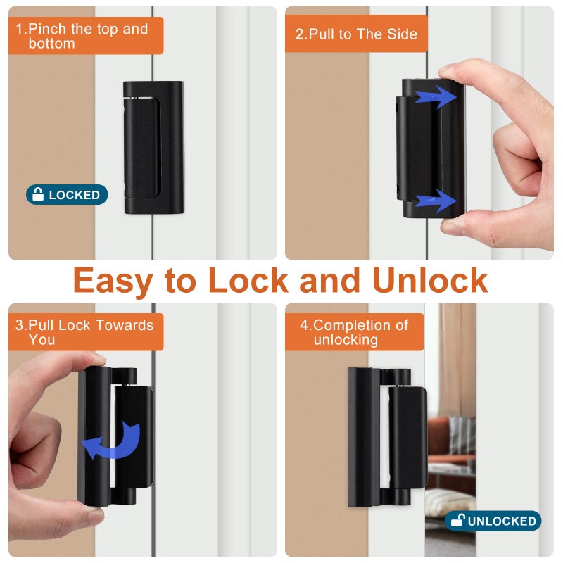 Husfunov 2 Pack Home Security Door Lock,Childproof Door Reinforcement Lock,with 3" Stop Withstand 800 lbs,for Inward Swing Doors,Night Kids Safety Metal Flip Lock Deadbolt Latch (Black) - Image 5