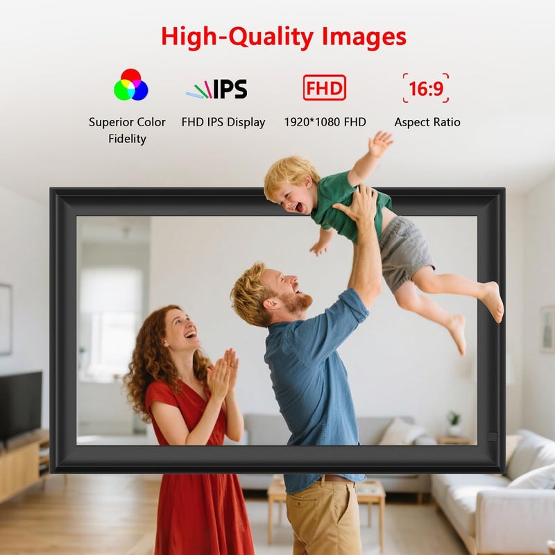 إطار صور رقمي كبير من AKImart بحجم 15.6 بوصة وسعة 32 جيجابايت، إطار صور رقمي واي فاي، شاشة لمس IPS عالية الدقة، مع دوران تلقائي ومشاركة فورية للصور/الفيديو عبر تطبيق Frameo، هدية للأم - Image 3