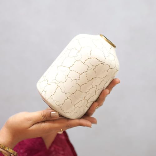 Behoma Metal Flower Vase for Home Decor Bedroom Living Room Office Wedding | Table Decorative Item for Festivals Birthday Off-White Crackled 1Pcs(10.5 X 15.7 Cm) (Flower Not Included, Modern) - Image 5