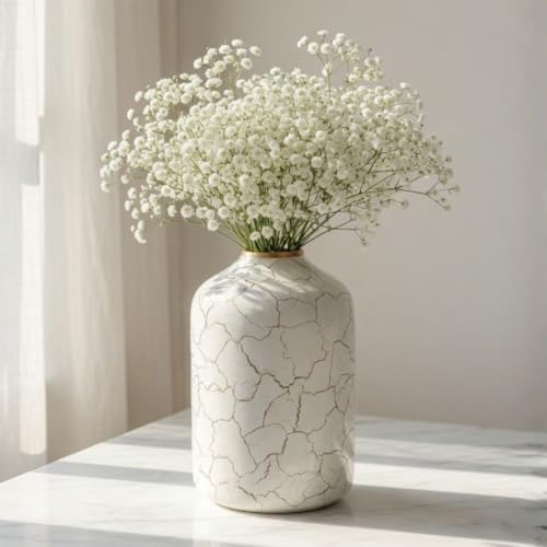 Behoma Metal Flower Vase for Home Decor Bedroom Living Room Office Wedding | Table Decorative Item for Festivals Birthday Off-White Crackled 1Pcs(10.5 X 15.7 Cm) (Flower Not Included, Modern) - Image 1