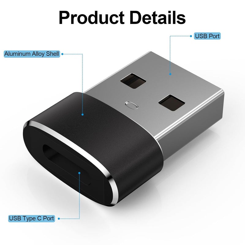 Tobfit Tobfit Pack 2 USB to USB C Adapter for iPhone 16 16e 15 Car Charger Adapter 2 Pack,Type C Female to USB A Male Cable Converter for iPhone 14 13 12 Pro Max Plus,AirPods,Samsung Galaxy S25 (Black) - Image 2