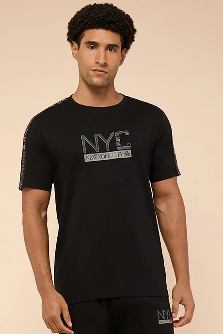R&B Typography Print T-Shirt with Crew Neck and Short Sleeves