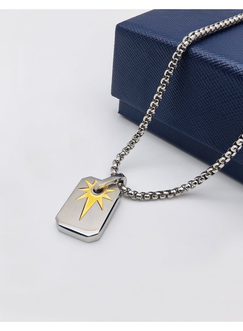 HomeNoor Men’s Rectangular Radiant Star Pendant Necklace, 60cm Silver Premium Stainless Steel Hip‑Hop Accessory for Daily Wear - Image 4