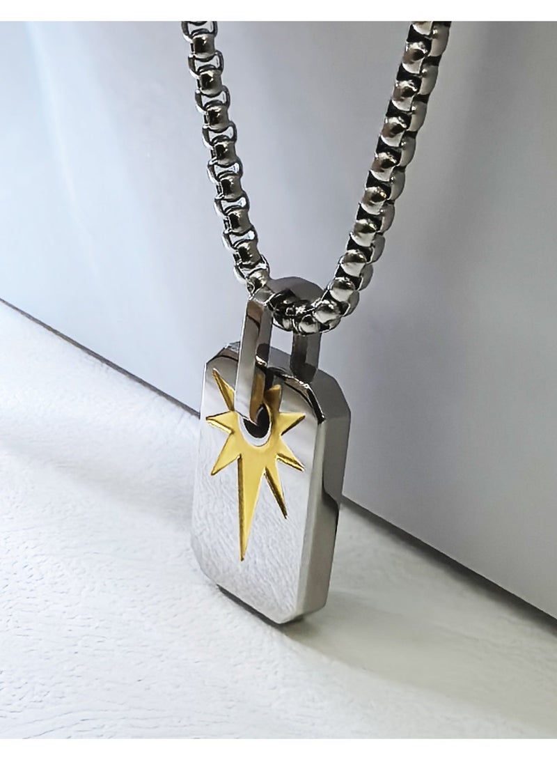 HomeNoor Men’s Rectangular Radiant Star Pendant Necklace, 60cm Silver Premium Stainless Steel Hip‑Hop Accessory for Daily Wear - Image 3