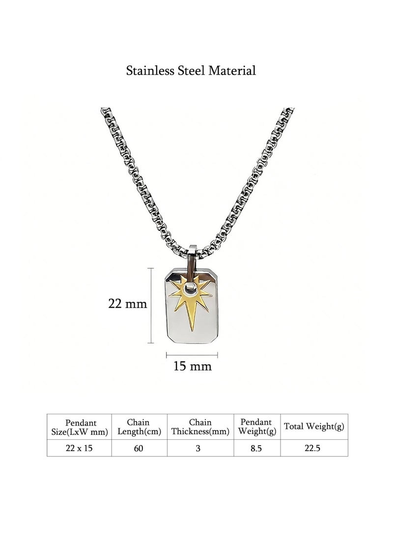 HomeNoor Men’s Rectangular Radiant Star Pendant Necklace, 60cm Silver Premium Stainless Steel Hip‑Hop Accessory for Daily Wear - Image 2