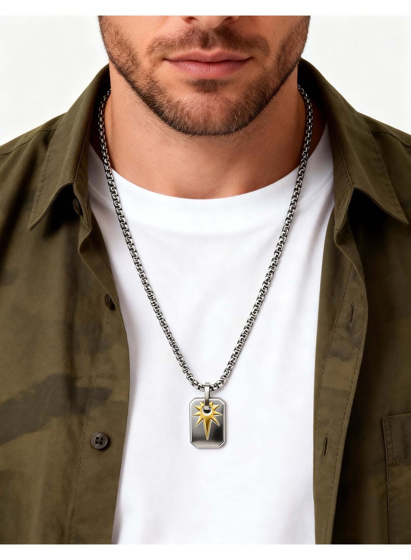HomeNoor Men’s Rectangular Radiant Star Pendant Necklace, 60cm Silver Premium Stainless Steel Hip‑Hop Accessory for Daily Wear - Image 1