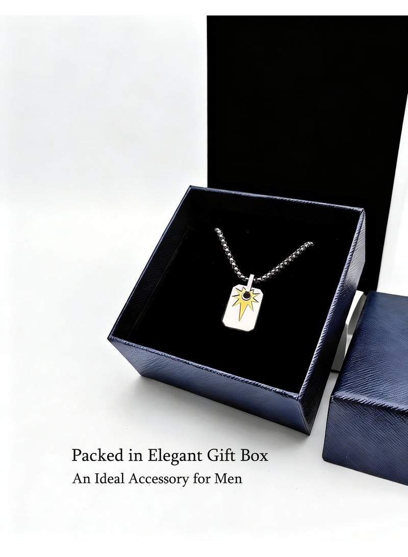 HomeNoor Men’s Rectangular Radiant Star Pendant Necklace, 60cm Silver Premium Stainless Steel Hip‑Hop Accessory for Daily Wear - Image 5