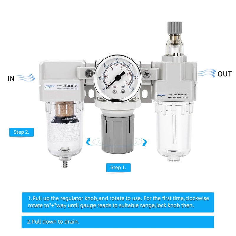 NANPU 1/4" NPT Air Filter, Regulator & Lubricator (FRL) Combo - Water/Oil Trap Separator - Pressure Gauge(0-150 psi), 5 Micron Brass Element, Semi-Auto Drain, Poly Bowl, Metal Bracket - Image 4