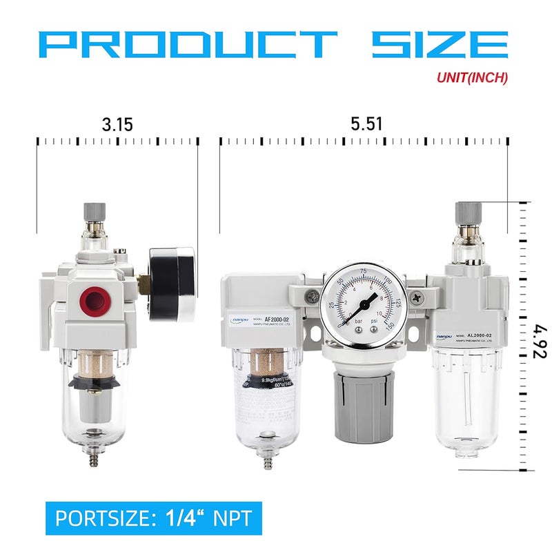 NANPU 1/4" NPT Air Filter, Regulator & Lubricator (FRL) Combo - Water/Oil Trap Separator - Pressure Gauge(0-150 psi), 5 Micron Brass Element, Semi-Auto Drain, Poly Bowl, Metal Bracket - Image 3