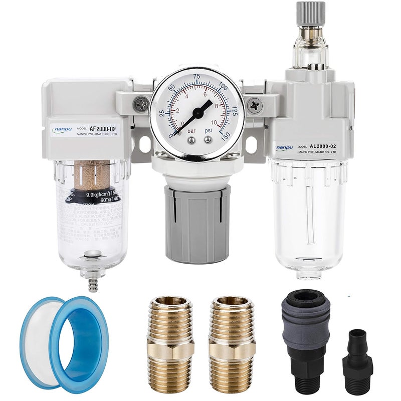 NANPU 1/4" NPT Air Filter, Regulator & Lubricator (FRL) Combo - Water/Oil Trap Separator - Pressure Gauge(0-150 psi), 5 Micron Brass Element, Semi-Auto Drain, Poly Bowl, Metal Bracket - Image 1