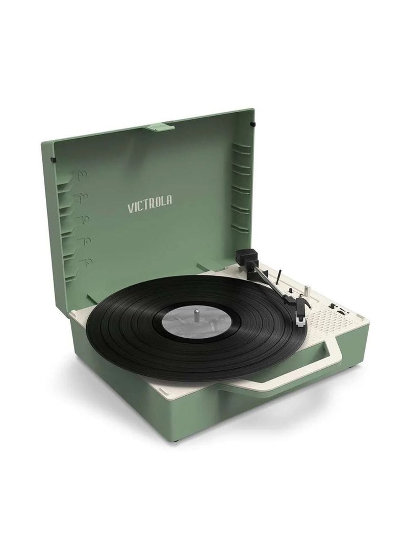 VICTROLA Victrola Re-Spin Sustainable Suitcase Record Player with Built in Bluetooth Speakers 3 Speed Belt Driven Turntable Built-in Bass Radiator 3.5mm Headphone Jack Basil Green Color  - Image 1