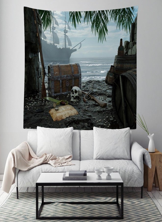 Loccor Pirate Island Tapestry Beach Treasure Chest and Map Tapestry Pirate Ship Halloween Pirate Theme Tapestry Wall Hanging for Kids Adults Bedroom Living Room Home Artistic Decor 80''x60'' - Image 4