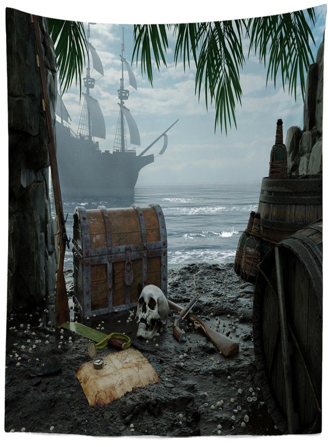 Loccor Pirate Island Tapestry Beach Treasure Chest and Map Tapestry Pirate Ship Halloween Pirate Theme Tapestry Wall Hanging for Kids Adults Bedroom Living Room Home Artistic Decor 80''x60'' - Image 2