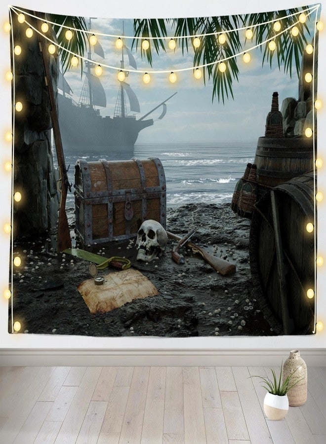 Loccor Pirate Island Tapestry Beach Treasure Chest and Map Tapestry Pirate Ship Halloween Pirate Theme Tapestry Wall Hanging for Kids Adults Bedroom Living Room Home Artistic Decor 80''x60'' - Image 1