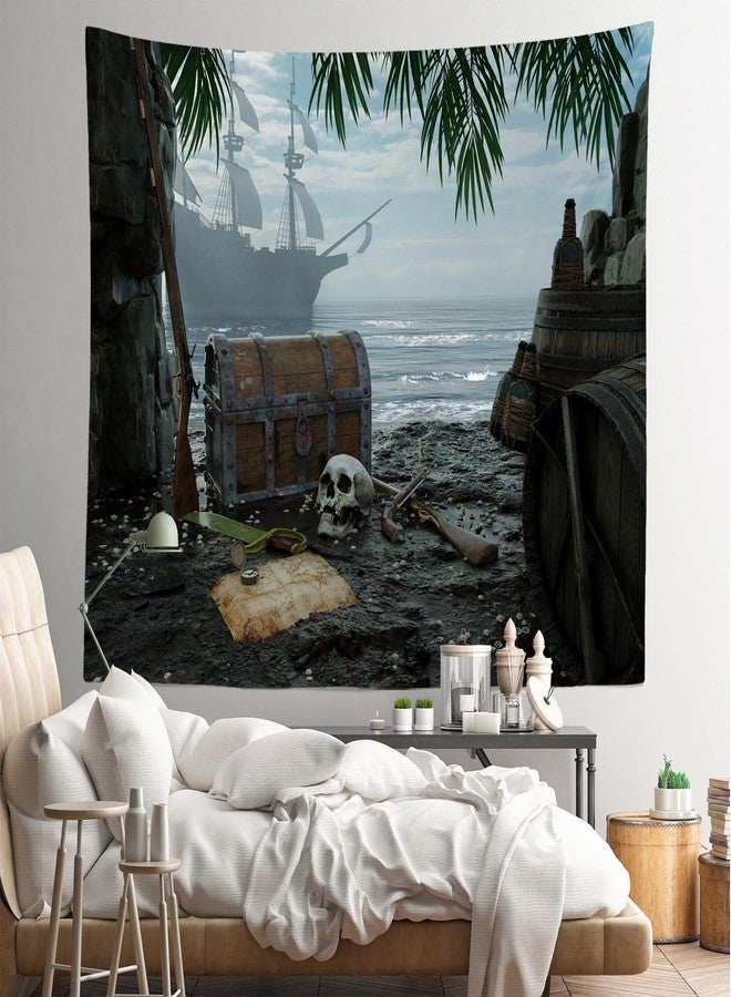 Loccor Pirate Island Tapestry Beach Treasure Chest and Map Tapestry Pirate Ship Halloween Pirate Theme Tapestry Wall Hanging for Kids Adults Bedroom Living Room Home Artistic Decor 80''x60'' - Image 5