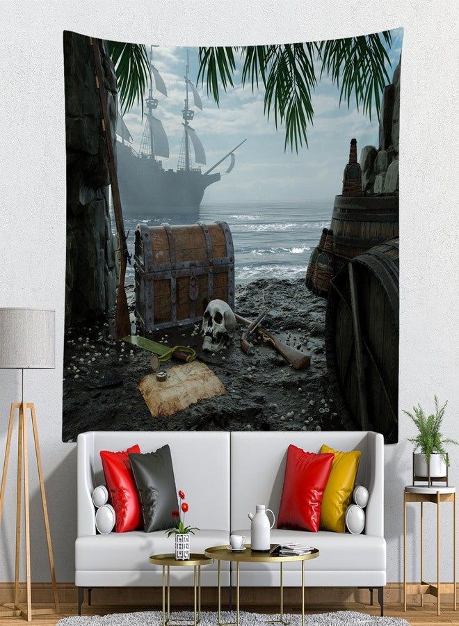 Loccor Pirate Island Tapestry Beach Treasure Chest and Map Tapestry Pirate Ship Halloween Pirate Theme Tapestry Wall Hanging for Kids Adults Bedroom Living Room Home Artistic Decor 80''x60'' - Image 3