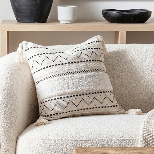 BlissBlush 18X18 Throw Pillow Cover Cream Neutral Square Decorative Cushion Cover with Black Pattern Boho Accent Pillowcase with Tufted Details and Tassels for Couch Sofa Living Room Cover Only - Image 1