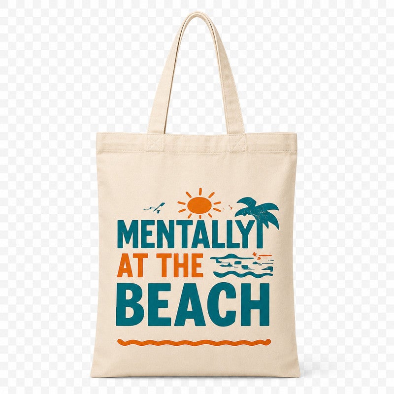 شنطة توت باج قماش للنساء، طبعة صيفي "Mentally At The Beach"، شنطة كتف وتسوق صديقة للبيئة وقابلة لإعادة الاستخدام للبحر والتسوق والاستخدام اليومي، مقاس كبير 30x40 سم - Image 1