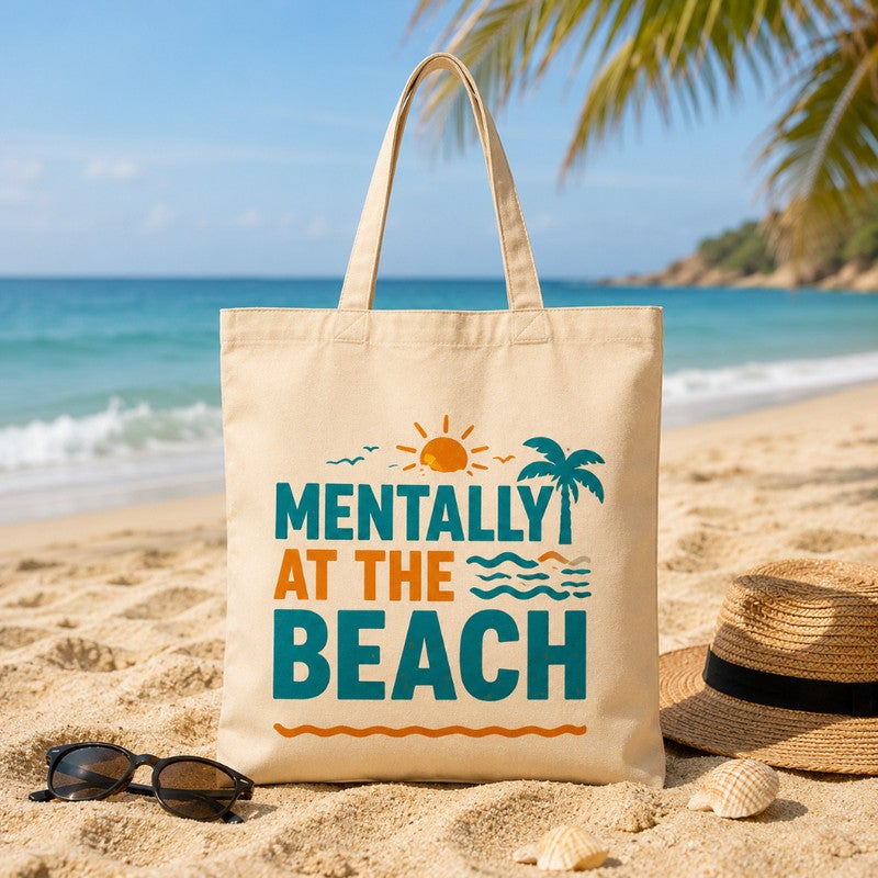 شنطة توت باج قماش للنساء، طبعة صيفي "Mentally At The Beach"، شنطة كتف وتسوق صديقة للبيئة وقابلة لإعادة الاستخدام للبحر والتسوق والاستخدام اليومي، مقاس كبير 30x40 سم - Image 2