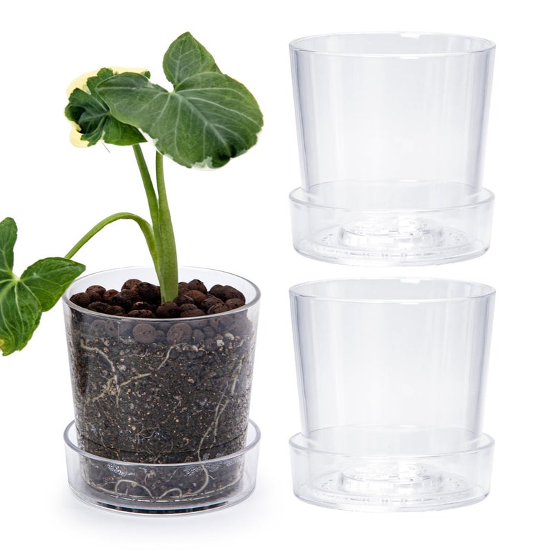 Phoenix Vine 45 Inch Clear Acrylic Planter Pot with Tray Orchid Pot with Drainage Holes Deep Saucer for Bottom Watering Transparent Containers for Indoor Plants Herbs Set of 3 91AE3
