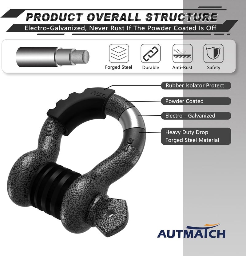 AUTMATCH D Ring Shackle 3/4" Shackles (2 Pack) 41,887Ibs Break Strength, Clevis Shackle with 7/8" Screw Pin and Shackle Isolator Washers Kit for Tow Strap Winch Off Road Vehicle Recovery, Grainstone - Image 4