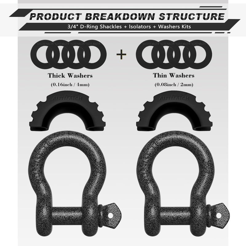 AUTMATCH D Ring Shackle 3/4" Shackles (2 Pack) 41,887Ibs Break Strength, Clevis Shackle with 7/8" Screw Pin and Shackle Isolator Washers Kit for Tow Strap Winch Off Road Vehicle Recovery, Grainstone - Image 2