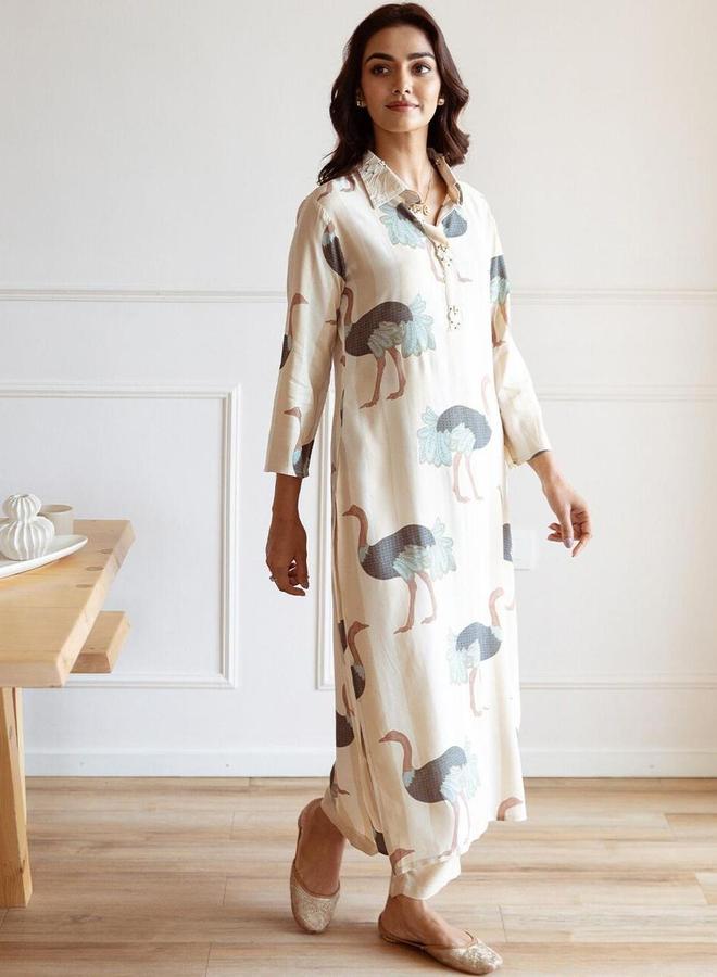 آي شين طقم كورتا وسروال بطبعة جرافيك من إيشين بياقة - Image 3