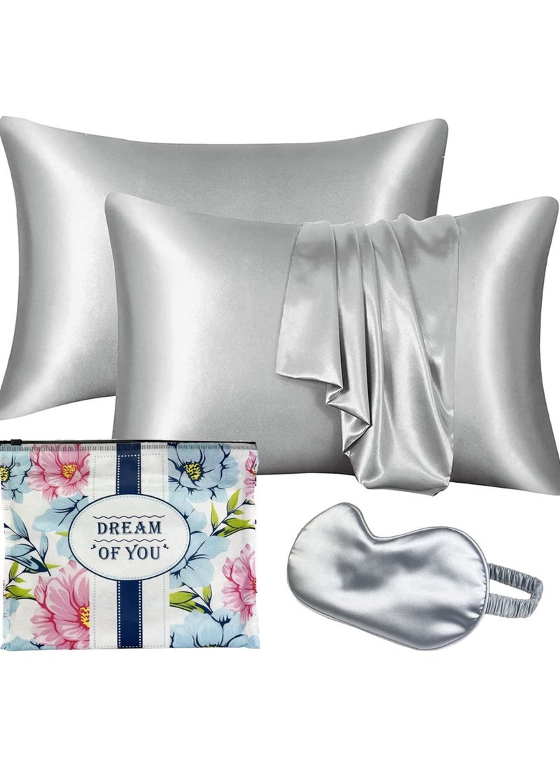 Swift Set of 2 Silk Pillowcase Satin Pillow Used for Hair Beauty and Skin Care Queen Size, Satin and Mulberry Silk Soft Breathable Smooth Double Sided Silk Pillow Case with Envelope Closure, Silver 50x75cm 