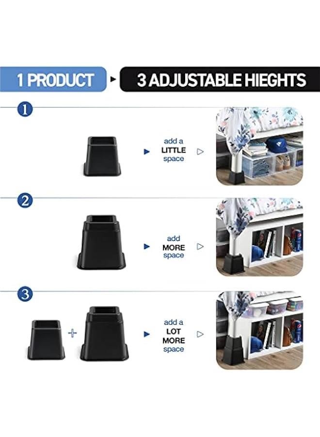 Home It Adjustable Bed Risers - Elevation in 3, 5 or 8 Inch - Heavy Duty Stackable Furniture Risers Supports 1,300 lbs - for Under-Bed Storage, College Dorms, Table and Couch, 4 Pack Bed Lifts Black - Image 2