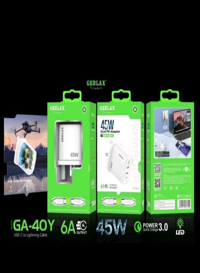 جيرلاكس شاحن سريع بقوة 45 واط وكابل 6 أمبير مع منفذين USB-C - Image 2