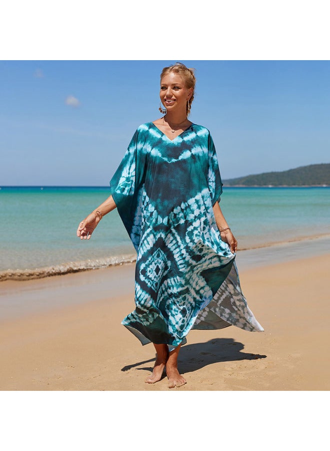 Generic European And American Rayon Tie-dyed Beach Blouse Robe Loose Seaside Vacation Sun Protection Clothing Bikini Swimsuit Outer Wear-Color:32-dark Green Series- - Image 1