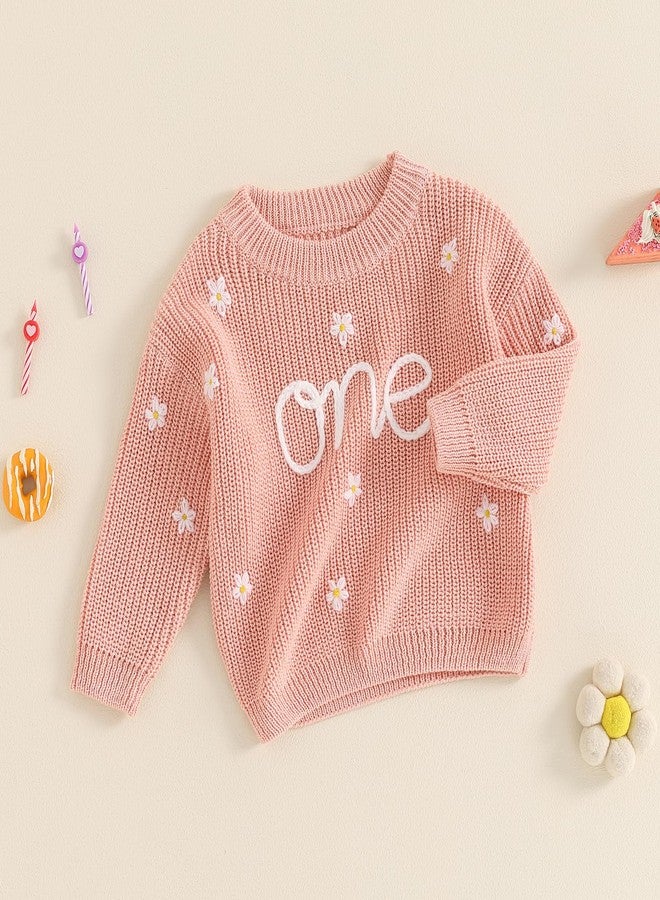 Honganda Infant Baby Girl Birthday Sweater One Flower Embroidery Crew Neck Long Sleeve Knit Sweatshirt Fall Winter Top (Pink, 9-12 Months) - Image 3