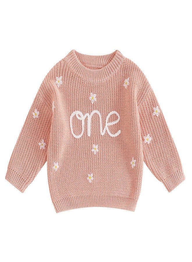 Honganda Infant Baby Girl Birthday Sweater One Flower Embroidery Crew Neck Long Sleeve Knit Sweatshirt Fall Winter Top (Pink, 9-12 Months) - Image 1
