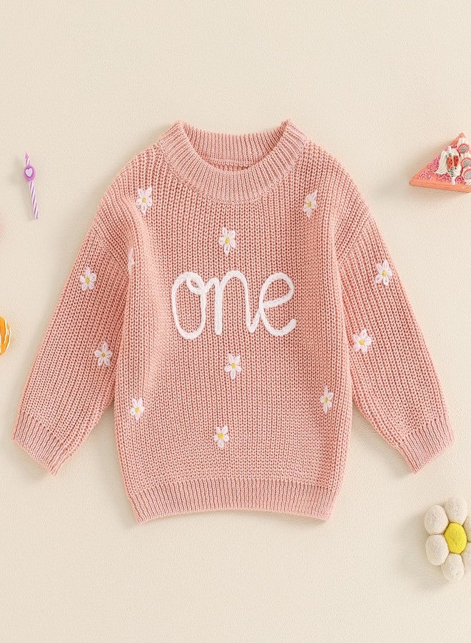 Honganda Infant Baby Girl Birthday Sweater One Flower Embroidery Crew Neck Long Sleeve Knit Sweatshirt Fall Winter Top (Pink, 9-12 Months) - Image 2