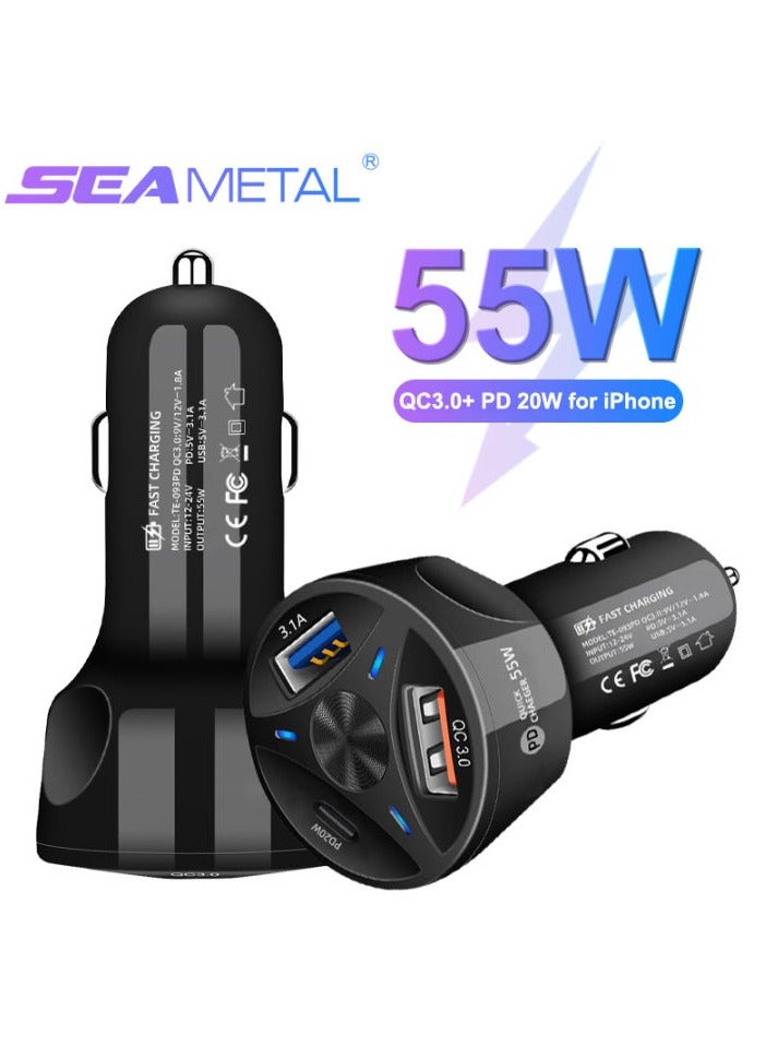 55W Quick Charge Car Phone Charger QC3.0+PD 20W Fast Charging 3-USB Port Universal DC 12V/24V - Image 2