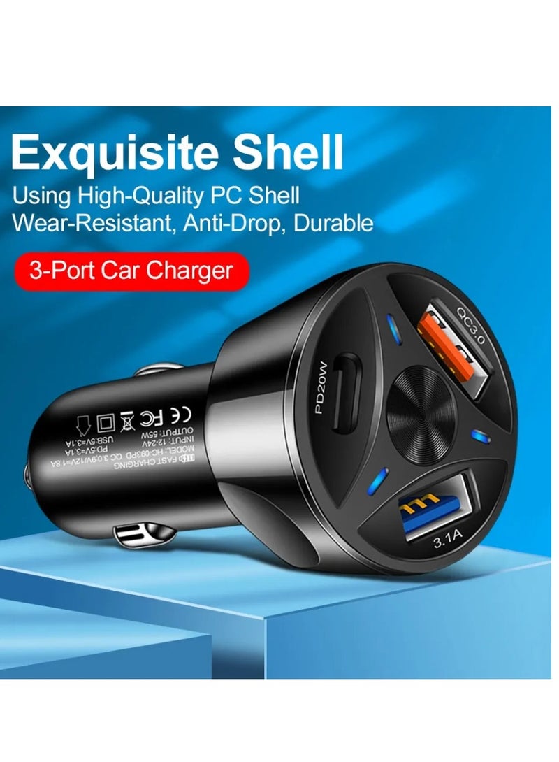55W Quick Charge Car Phone Charger QC3.0+PD 20W Fast Charging 3-USB Port Universal DC 12V/24V - Image 4