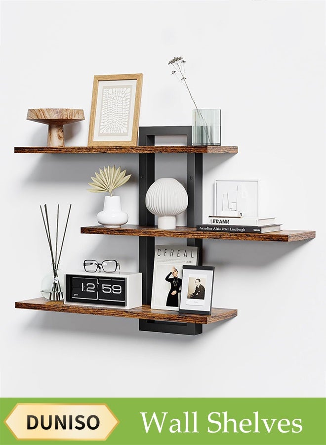 DUNISO Three-Layer Wooden Floating Shelf, Wall Storage Rack, Decorative Wall Shelf, Wall Shelf Punched One-Line Board Bookshelf Wall Storage Small Shelf, Suitable For Bedroom/Living Room/Bathroom/Kitchen/Office, Brown  - Image 1